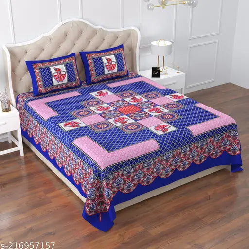 Queen-sized designer Jaipuri printed cotton flat sheets, vibrant color, two pillow covers, ideal for summer