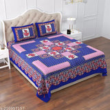 Queen-sized designer Jaipuri printed cotton flat sheets, vibrant color, two pillow covers, ideal for summer