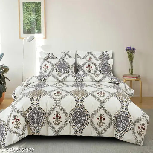 King-size, 320 TC cotton elastic fitted bedsheet with ethnic motifs & 2 pillow covers - summer essential for adults