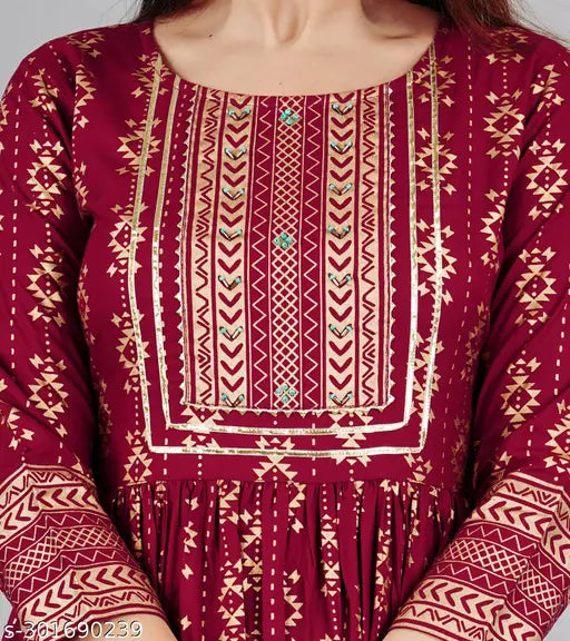 Maroon rayon printed Anarkali kurti with three-quarter sleeves, ideal for traditional Indian wear
