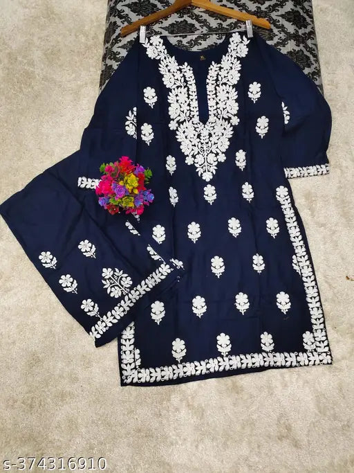Blue Chikankari Rayon Straight Kurta Set with Palazzos - Embroidered net, three-quarter sleeves. Single set in sizes M to 6XL, India origin