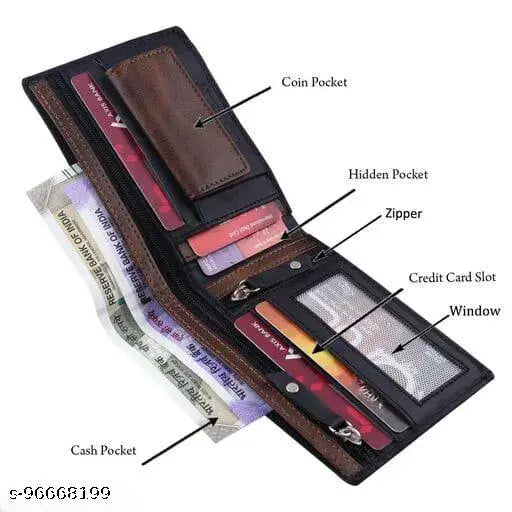 Black PU casual wallet with two compartments, ideal for men's everyday essentials. Stylish black artificial leather design, perfect gift choice