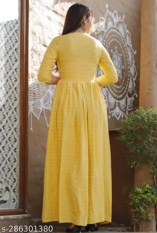 Rayon yellow front gather Naira cut kurtas, India-made stylish long garments for women & girls with printed patterns and three-quarter sleeves