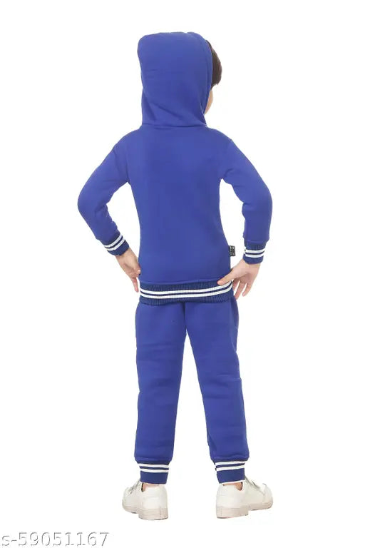 Blue unisex wool kids sweatshirt & joggers with hood and zip, solid pattern. Machine washable. Size: 3-6 Months - India