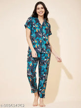 Teal floral printed cotton night suit set for women, India-made sleepwear with lapel collar, pockets, and black piped trim