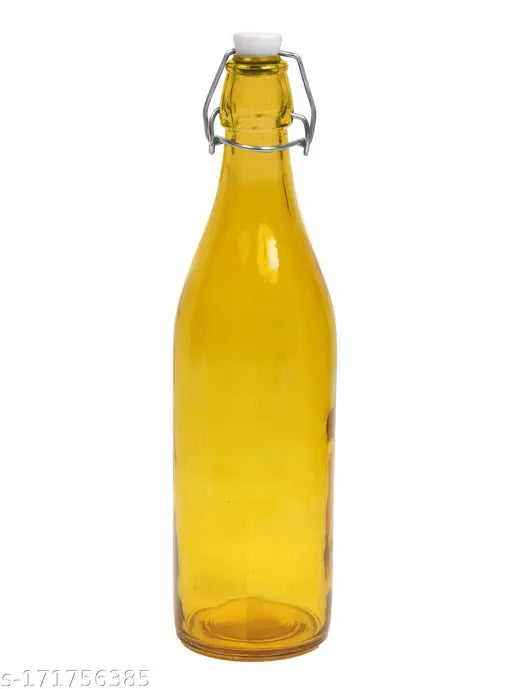 Yellow glass Machak Baatli water bottle for kitchen (1L), leak-proof and dishwasher-friendly