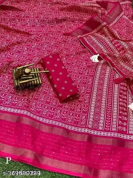 Vibrant Dola Silk Saree with Unstitched Running Blouse, Indian fashion trend featuring multicolor prints