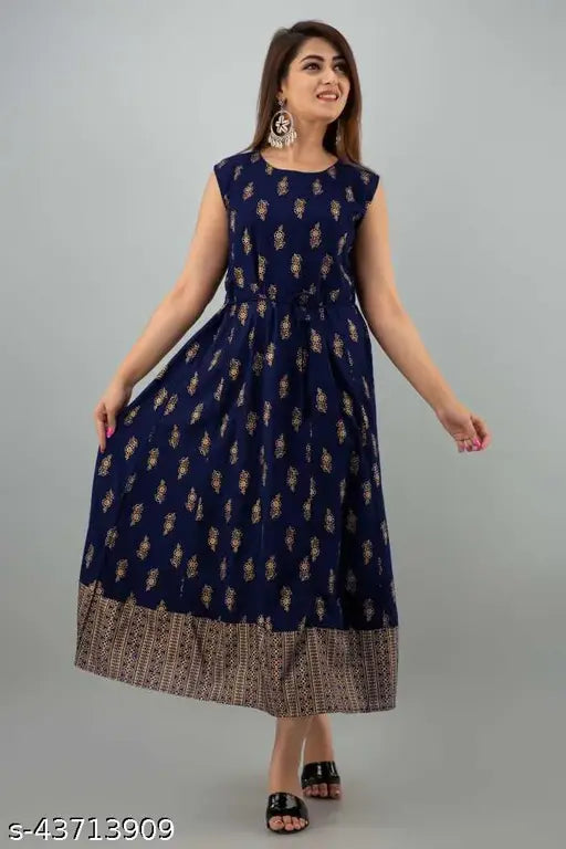 Navy Blue Rayon Anarkali Printed Jacket A-line Kurta with floral print, three-quarter sleeves. Authentic Indian party wear for women and girls." (114 characters)