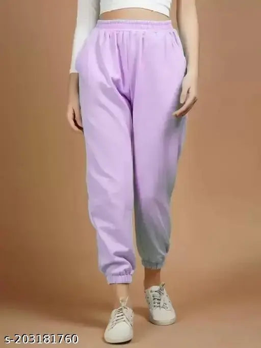 Casual purple solid terry pocket joggers, cotton blend, relaxed fit, daily wear for women or gym, Western style - elastic waistband, deep side pockets, India origin