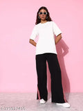 Women's white oversized cotton sweatshirt, short sleeves, solid pattern, stylish and comfortable apparel from India
