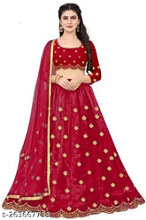 Embroidered semi-stitched satin lehenga choli with jari work, free size waist-44 inches, height-44 inches, paired with a 2m net dupatta, Indian self-design