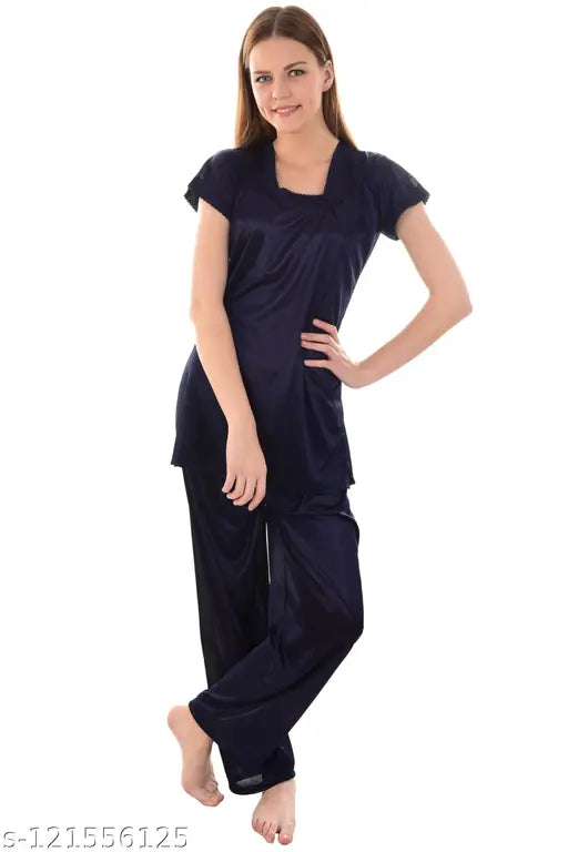 Navy Blue & Coral Red Ultra Soft Satin Night Suit Set (Pack of 2), stylish and comfortable sleepwear for women