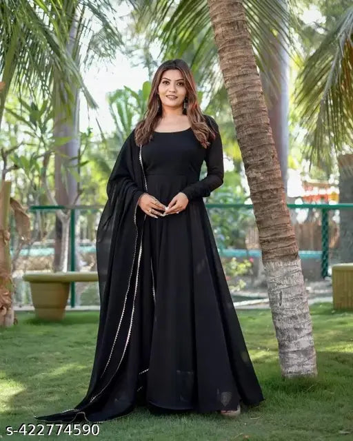 Georgette black anarkali gown with dupatta set, floral printed, suitable for women's parties and weddings. Indian-made maxi dress with three-quarter sleeves in sizes S-XXL
