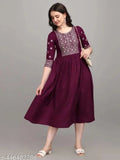 Purple embroidered viscose rayon A-line kurta with three-quarter sleeves, women's ethnic wear from India