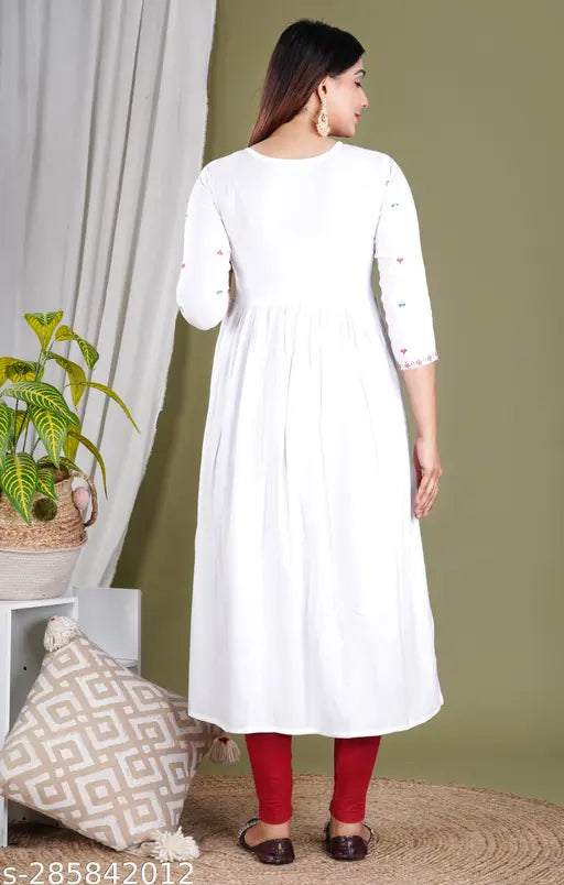 Red & White Embroidered Rayon Naira Cut Kurta - Festive Indian Fashion by Priya