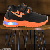 Lightweight, breathable EVA LED shoes for kids in vibrant orange color. Stylish, comfortable, and safe for children's first steps, featuring color-changing lights and anti-skid soles. Made in India, available in various sizes