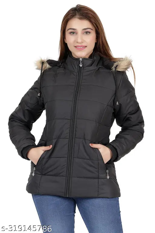 Solid polyester women's winter jacket with long sleeves, ideal for a laid-back or refined look during colder days. Features hooded neck and two zipper pockets. Indian-made, from the COPINASIA collection