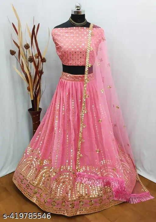 Embroidered Georgette women's choli-dupatta set, embellished Indian Lehenga with free size and detailed measurements