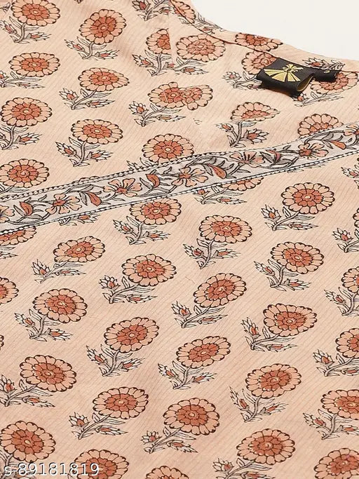 Beige Floral Print V-Neck Half Sleeve Wrap Top, Pure Cotton Women's Ethnic Wear - Jaipuri design, Indian craftsmanship