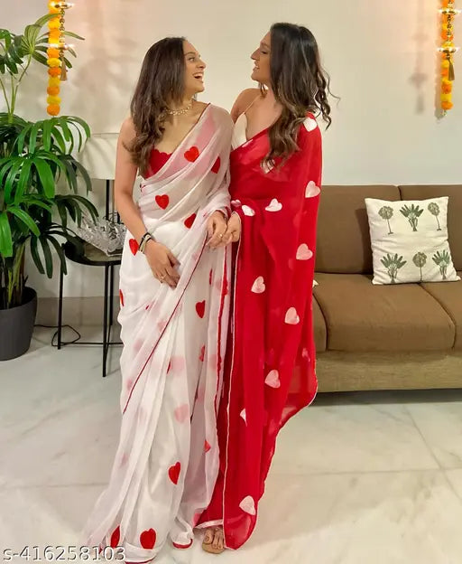 Red & White Heart Saree Combo with Georgette Fabric, printed design and free size, traditional Indian college special saree with thread gamthi work and border piping