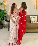 Red & White Heart Saree Combo with Georgette Fabric, printed design and free size, traditional Indian college special saree with thread gamthi work and border piping