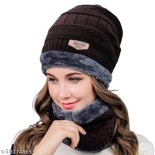 Woolen Indian winter cap set (2-piece) with neck muffler, knit beanie & scarf - warm & comfortable, perfect for snowy days