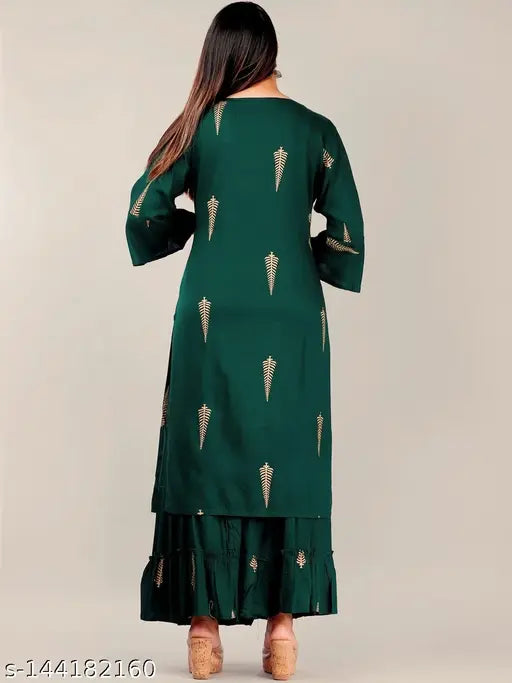 Dark green flared hem Viscose Rayon kurta set with Sharara bottom, three-quarter sleeves, solid pattern, gold printed below knee length, size S (36in bust, 26in waist), made in India