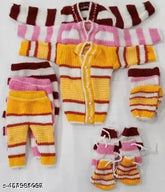 New born baby winter wear: 100% wool striped 4pc set (3 tops, 3 pajamas, 3 caps, 3 socks) in random colors, suitable for infants 0-3 months