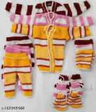New born baby winter wear: 100% wool striped 4pc set (3 tops, 3 pajamas, 3 caps, 3 socks) in random colors, suitable for infants 0-3 months