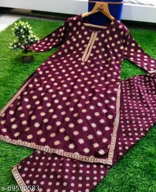 Rayon printed net sensational women's kurta set with palazzo bottoms, three-quarter sleeves - Aakarsha