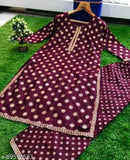 Rayon printed net sensational women's kurta set with palazzo bottoms, three-quarter sleeves - Aakarsha