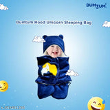 Unicorn print navy cotton/microfiber sherpa hooded swaddle for newborn babies, lightweight and travel-friendly