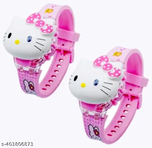 Pink silicon, multicolor kitty cartoon musical disco light digital watches set for kids, perfect for ethnic-casual occasions