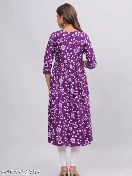 Purple Rayon Aliyah Cut Kurti with three-quarter sleeves and printed pattern, perfect for Indian women's wear