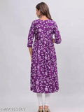 Purple Rayon Aliyah Cut Kurti with three-quarter sleeves and printed pattern, perfect for Indian women's wear