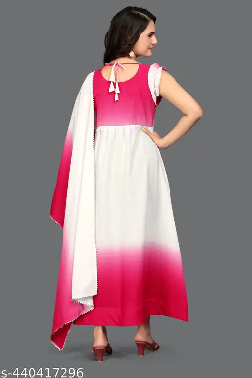 Multicolor digital-printed bamboo gown with pink dupatta, sleeveless, party wear trending dress for women, India