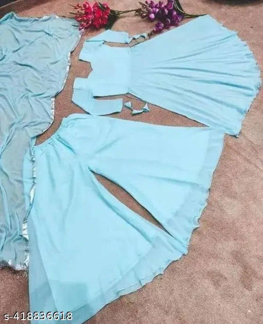 Georgette Bollywood-inspired dress set with full dupatta and bottomwear, stitched with intricate latkan detail, available in S-XXL sizes