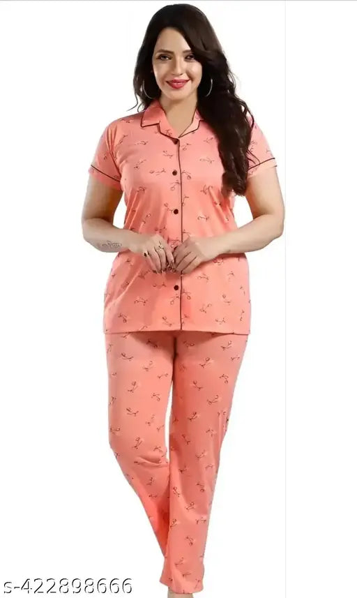 Hosiery-printed nightsuit set, featuring short-sleeved shirt and pyjama bottoms. Available in S, M, L, XL, XXL sizes. Made from hosiery fabric. Indian origin