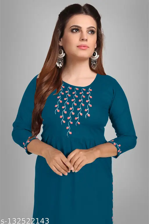 Denim blue embroidered straight kurta, premium quality rayon fabric, calf length, 3/4 regular sleeve, round neck