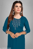 Denim blue embroidered straight kurta, premium quality rayon fabric, calf length, 3/4 regular sleeve, round neck