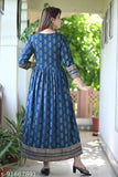 Blue Gold Print Anarkali with handwork, rayon three-quarter sleeve Indian fashion, single size S (36in bust, 50in length) or M