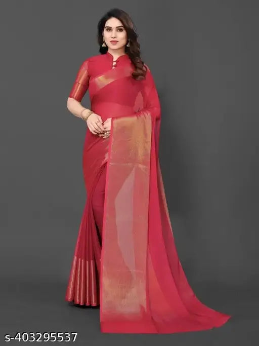 Golden zari border chiffon saree for festive wear on model, solid pattern with running blouse in India