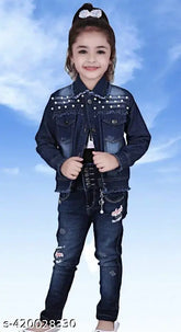 Dark denim moti jacket, long sleeves, solid pattern for kids aged 5-11 years, made in India