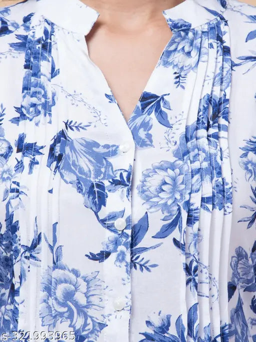 Rayon blue floral tunic with front pleats, waist string, and mandarin collar (India-made)