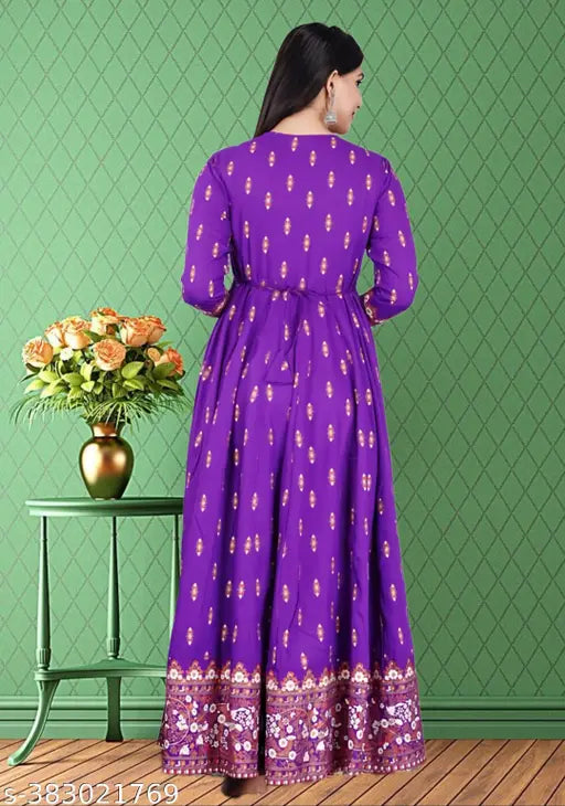 Vibrant rayon printed Anarkali Kurtis for women, three-quarter sleeves, size S-XXXL. Indian traditional attire on model