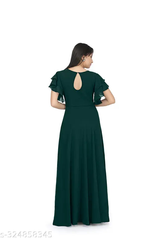 Green Georgette Embellished Gown, Bosaru women's charming geometric design, short sleeves