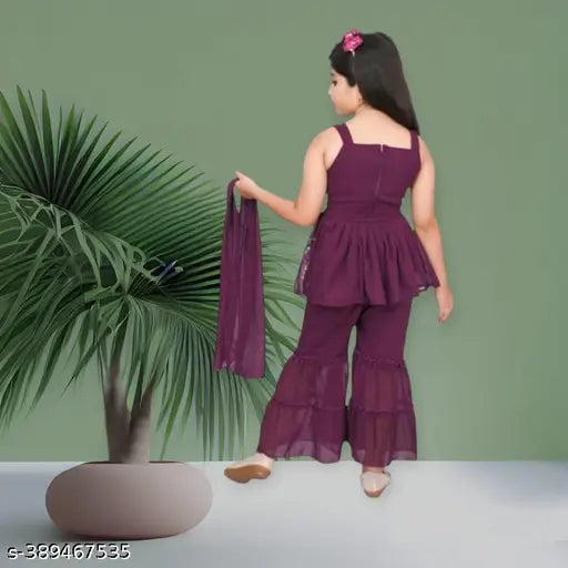 Embellished Georgette kurta pyjamas palazzos, Indian traditional clothing for toddlers and kids (sizes: 12-18M, 18-24M, 1-2Y, 2-3Y, 3-4Y)