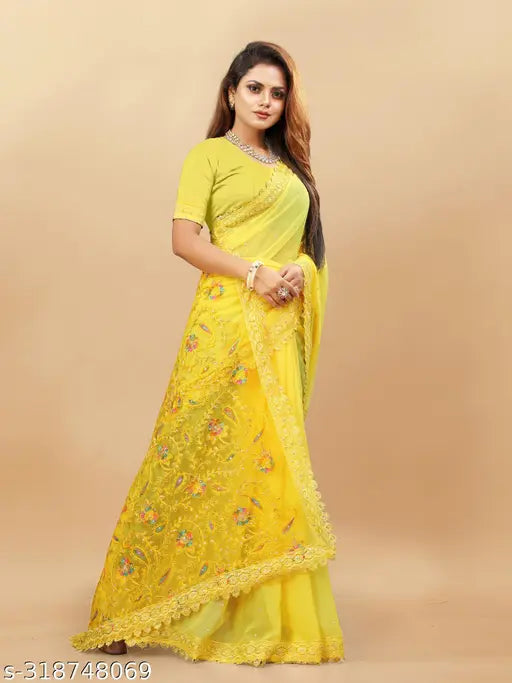 Yellow Georgette embroidered saree, India-origin, perfect for festive occasions