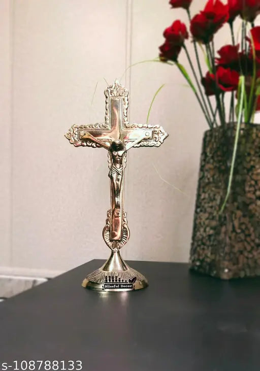 Brass statue of Jesus Christ on cross for worship, intricate design, 9 inch tall