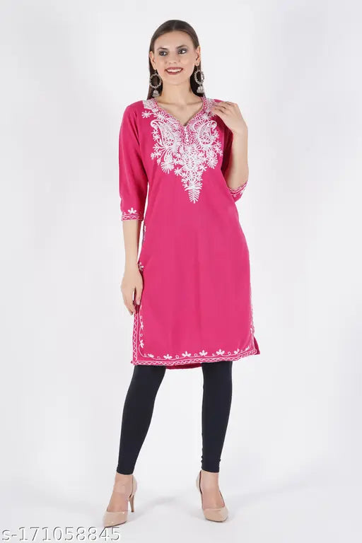 Magenta embroidered wool kurta for women, three-quarter sleeve, intricate design, Indian handcrafted fashion